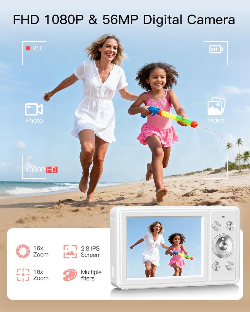 WONNIE كاميرا رقمية، كاميرا تصوير فوري FHD 1080P مع بطاقة SD سعة 32GB، 2 بطاريات، زوم 16X، مضادة للاهتزاز، تصميم صغير مدمج للأطفال والمراهقين والطلاب والفتيات والفتيان (أبيض) - Image 2